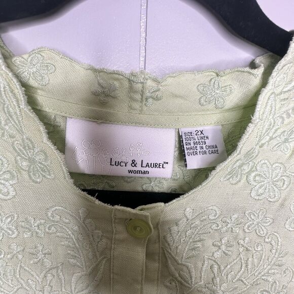 Lucy & Laurel Woman Plus Size 2X Green Blouse 100% Linen Button Up Embroidered - Picture 7 of 12